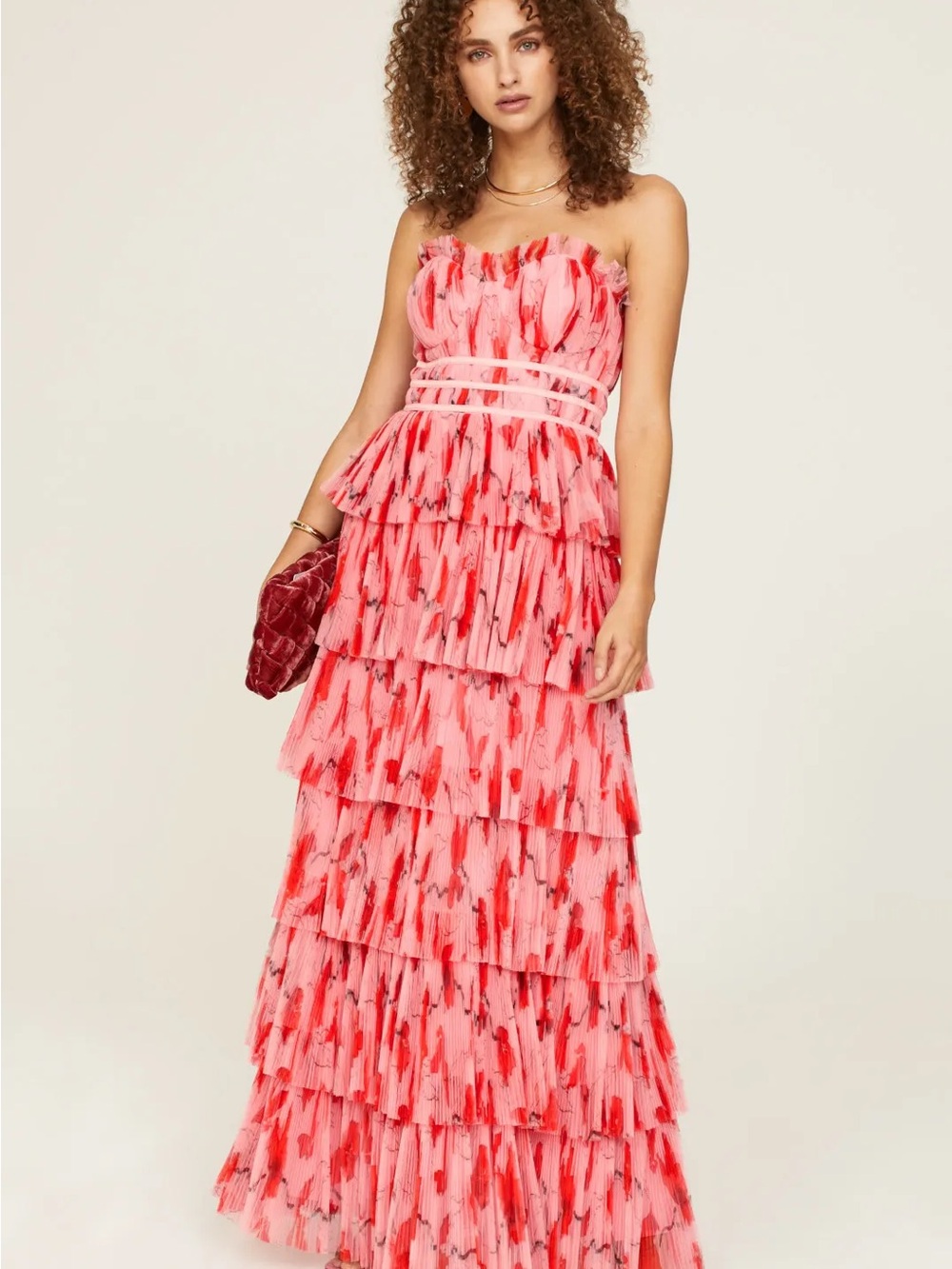Hutch Monaco Romantic Brunch wedding Strapless Ruffle Tiered Plissé Gown 10 AB - Picture 4 of 11